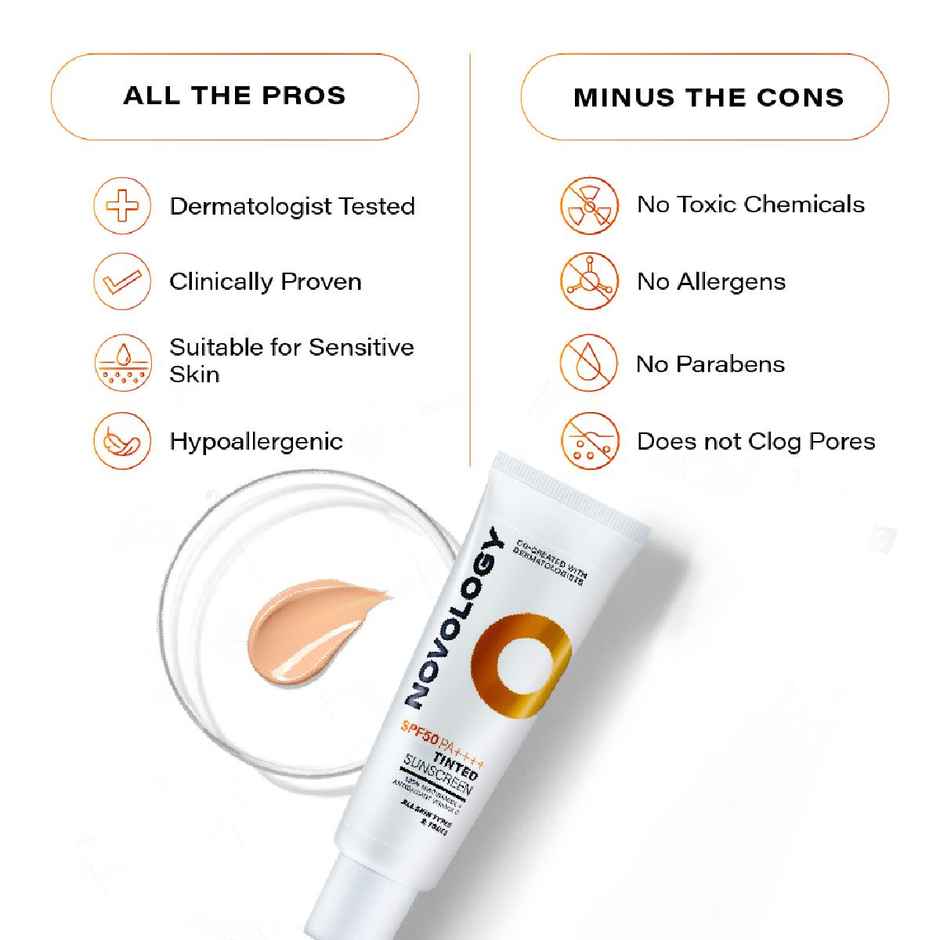 Novology Spf 50 Pa++++ Tinted Sunscreen For Pigmentation, For All Skin Types, Natural Finish