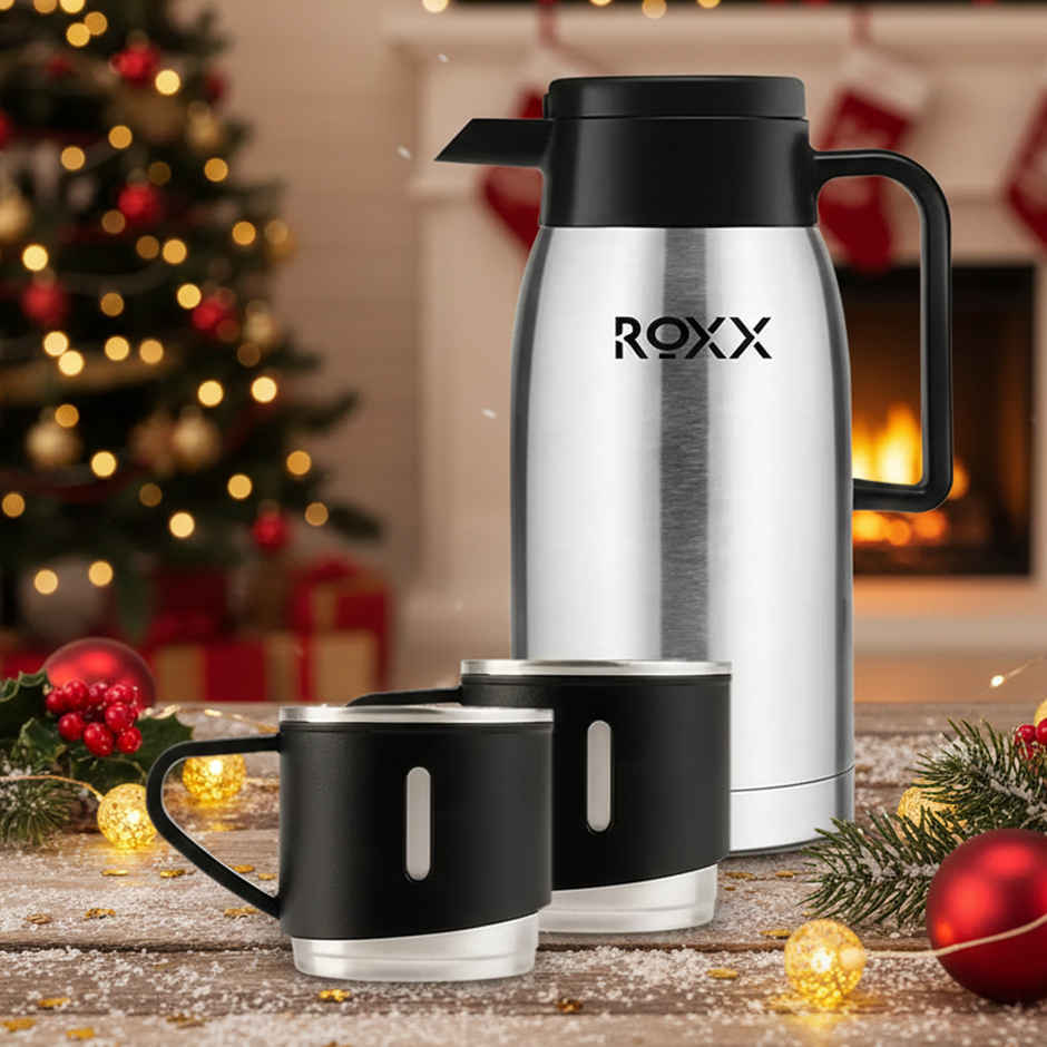 Roxx Aroma Insulated Set | 500 ml Flask + 2 Mugs | Double-Wall Insulation | BPA-Free | Black