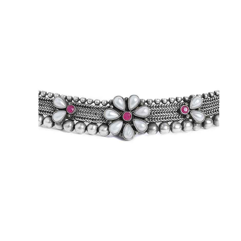 Rubans Oxidised Silver Plated Floral Design Pink Stone Studded Antique Choker Necklace