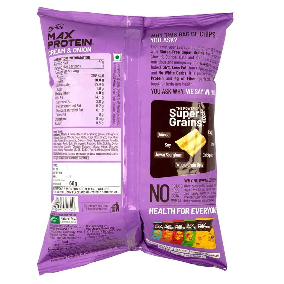 RiteBite Max Protein Cream & Onion 10 G Multigrain Protein Chips, Healthy Snacks & Munchies