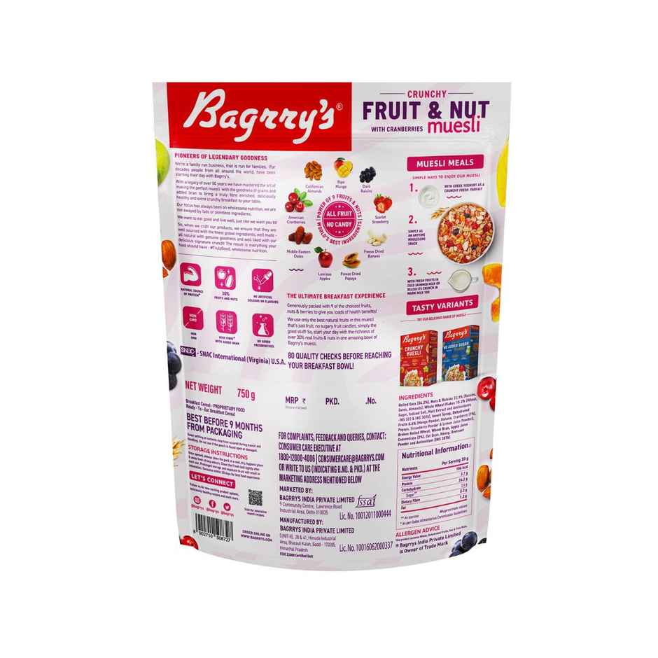 Bagrry's Crunchy Muesli 30% Fruit & Nut with Cranberries | 34% Rich Fibre Oats Combo