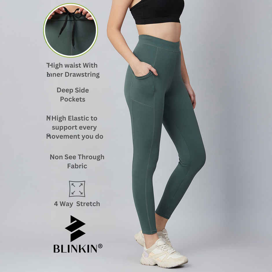 Blinkin Women's Gym Pants & Tights - Dark Green | Stretchable | With Side Pockets | S