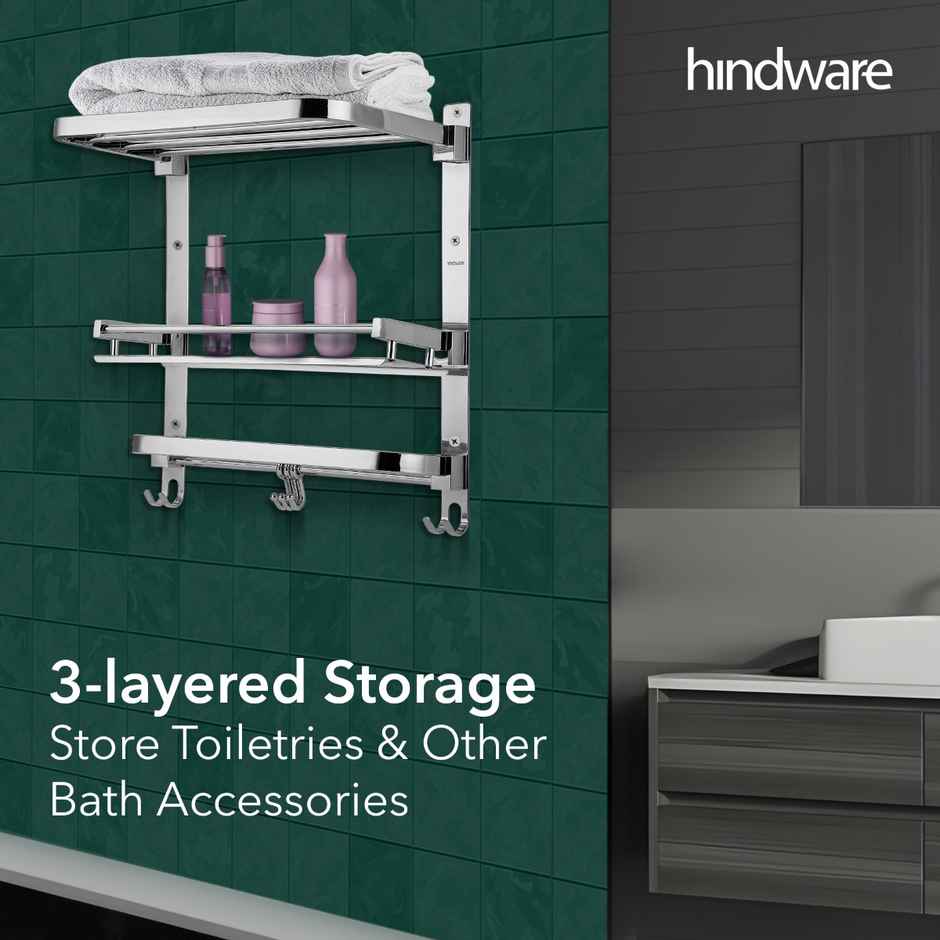 Hindware 3 Layered Multi-Purpose Shelf With Foldable Towel Rack | Stainless Steel Construction