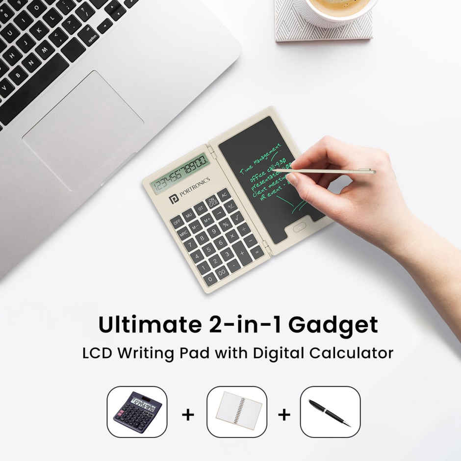 Portronics Ruffpad Calc Mini 2 In 1 Lcd Writing Pad With Digital Calculator - Grey