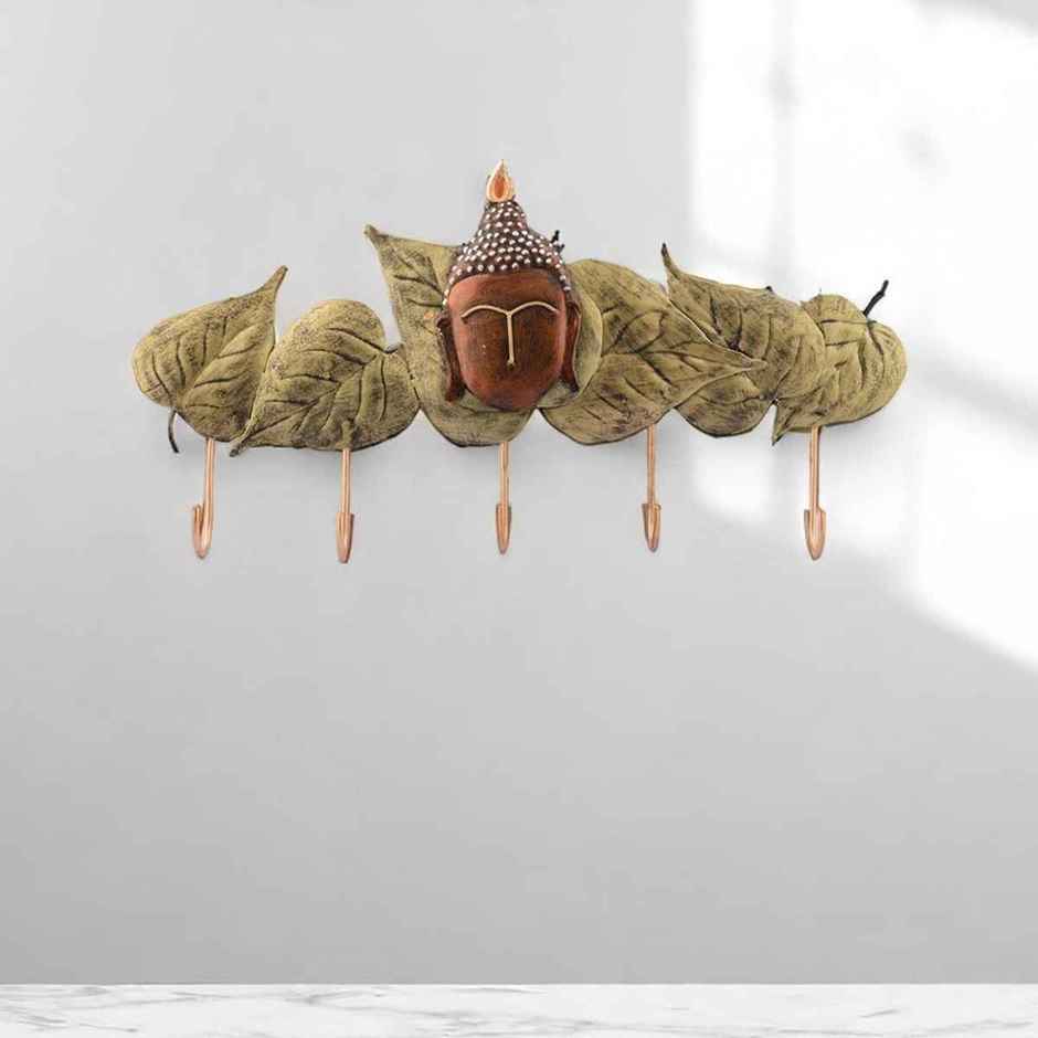 Ecraftindia Wrought Iron Buddha Head With Green Leaves Designer With 5 Key Hooks For Wall