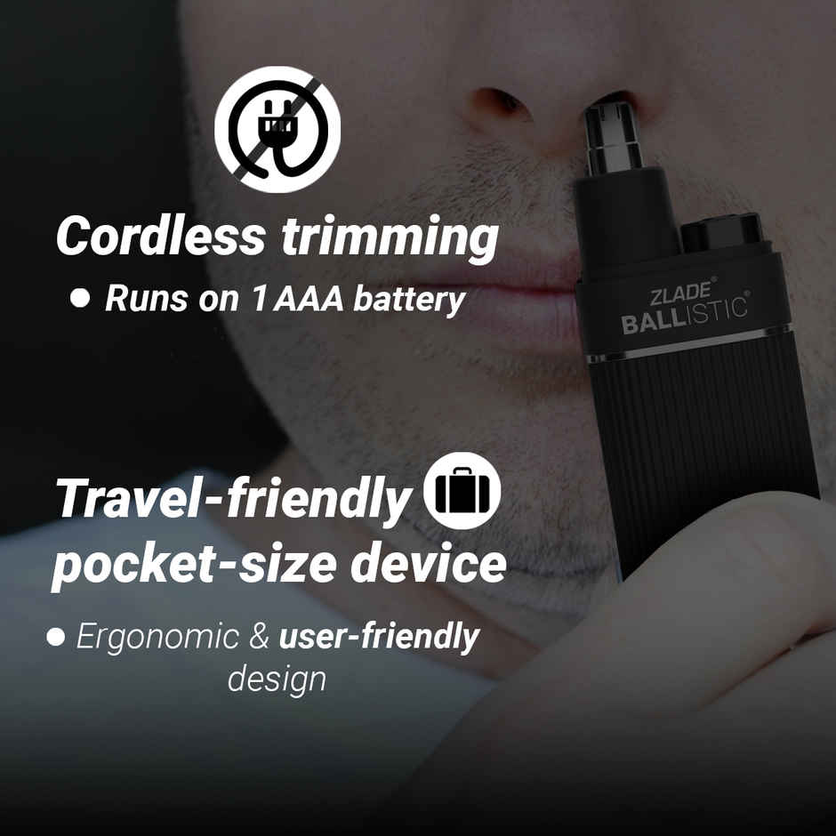 Zlade Ballistic Trimmer for Nose & Ear Hair | AAA Battery-Operated | Waterproof - Black