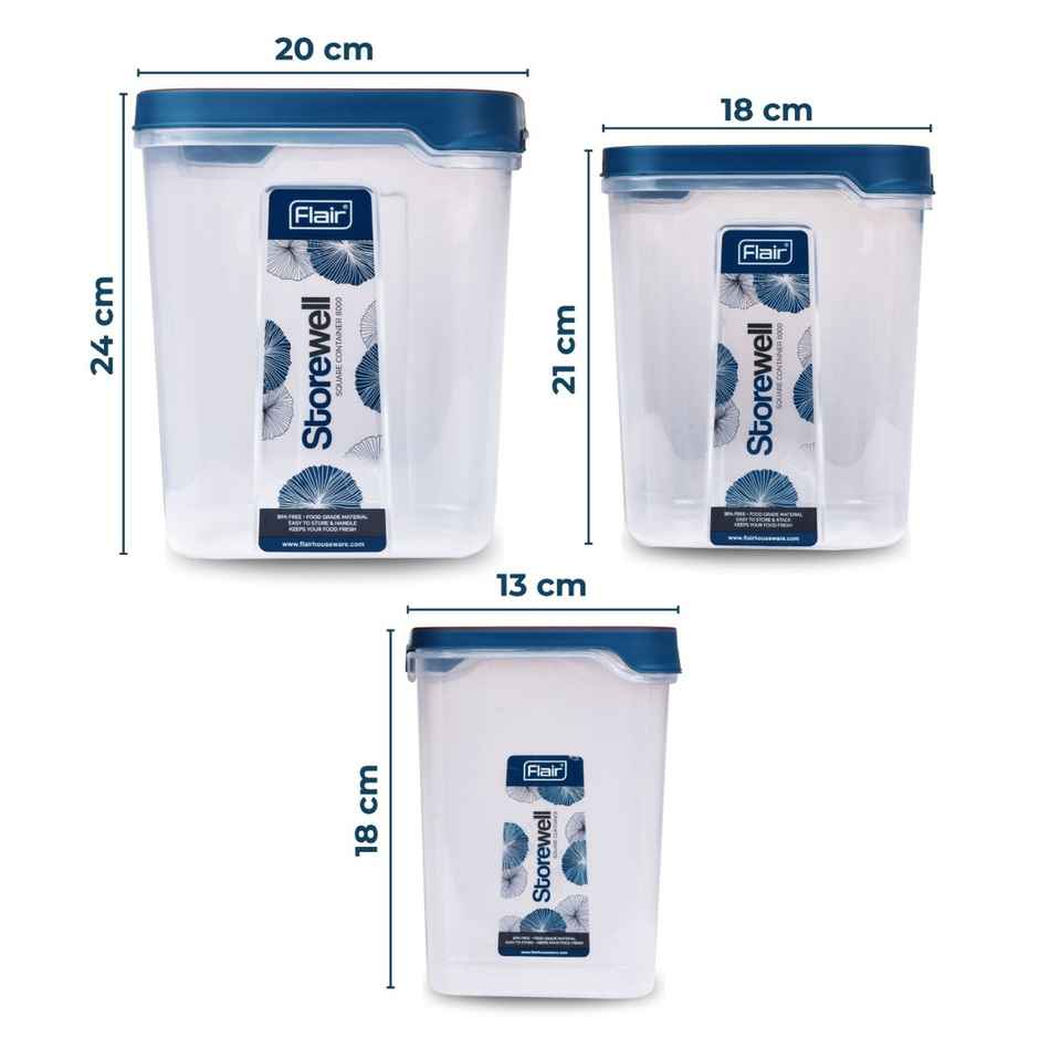 FLAIR Plastic Storewell Square Food Storage Containers Set | Blue - 2400 ml, 6 L & 8 L