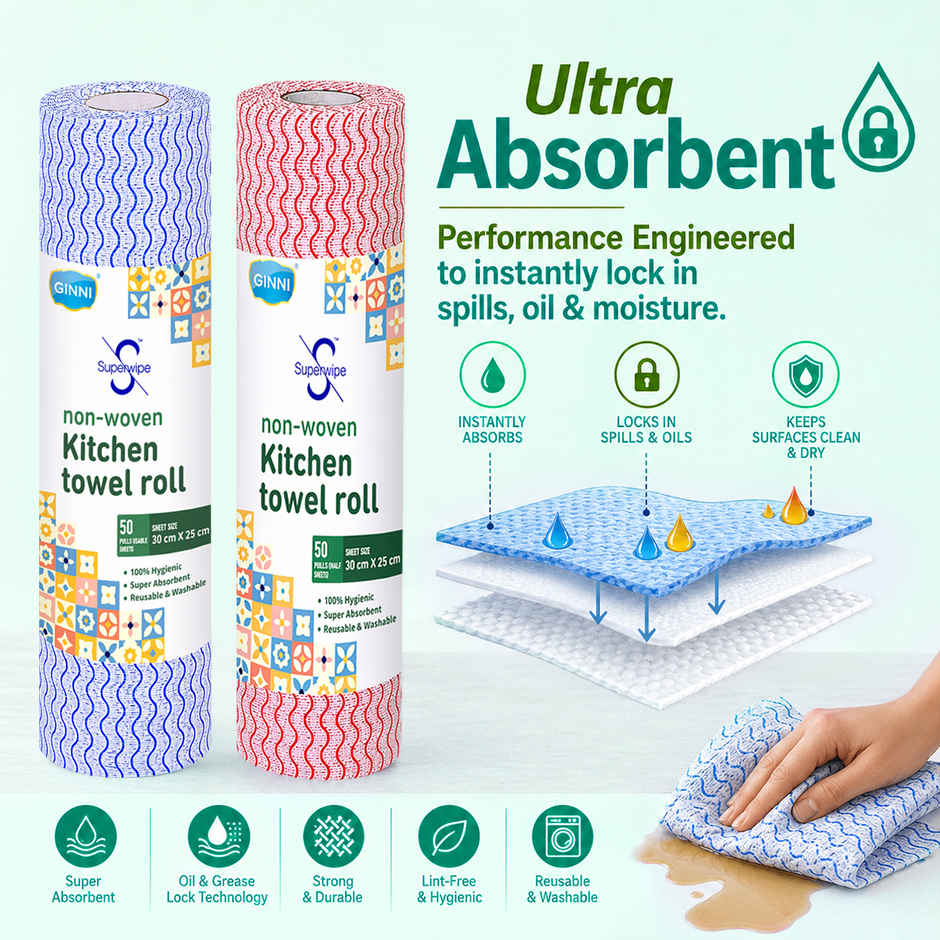 GINNI Superwipe Kitchen Towel Roll | 50 Pulls | 30 x 25 cm
