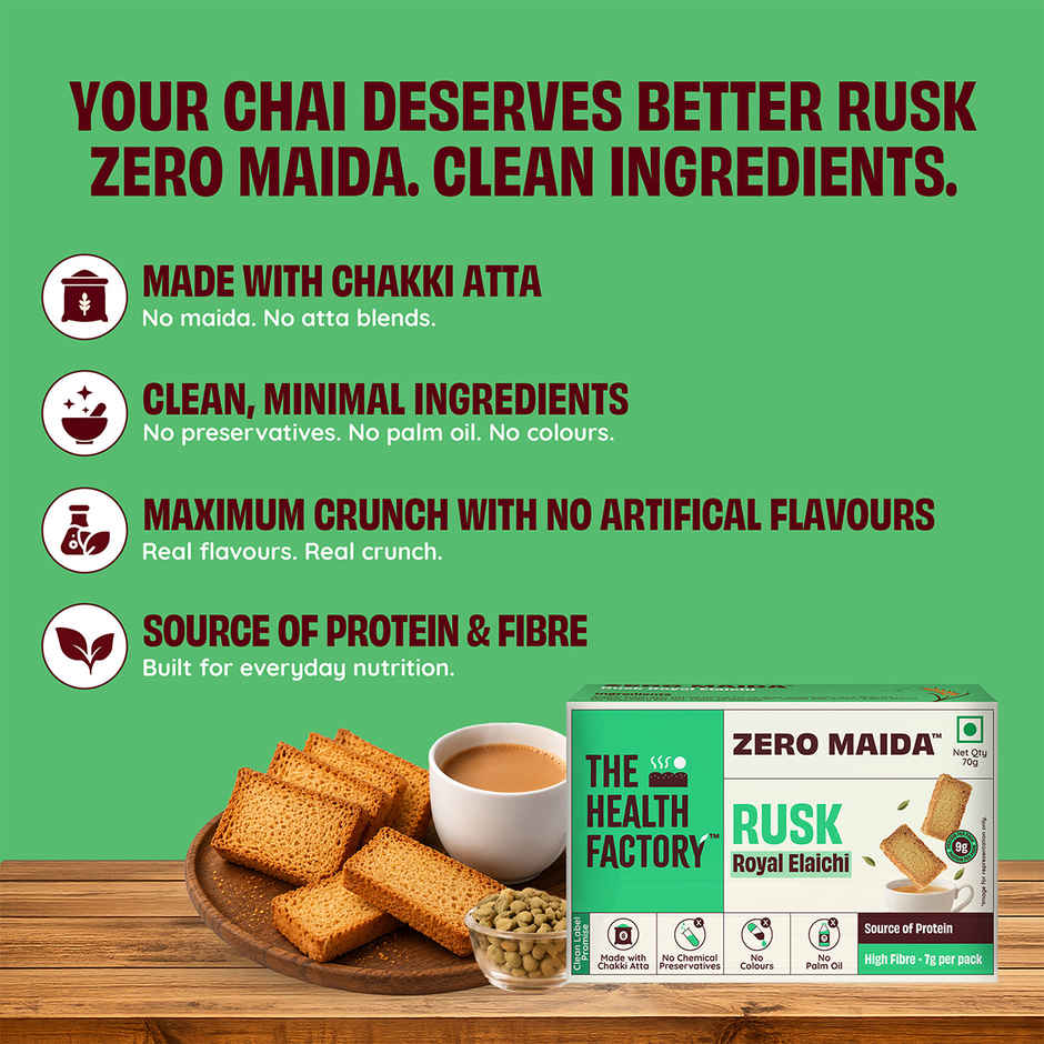 The Health Factory Elaichi Rusk | Zero Maida | Source of Protein & Fibre | Wheat Rusk Toast | Tea Time Snack