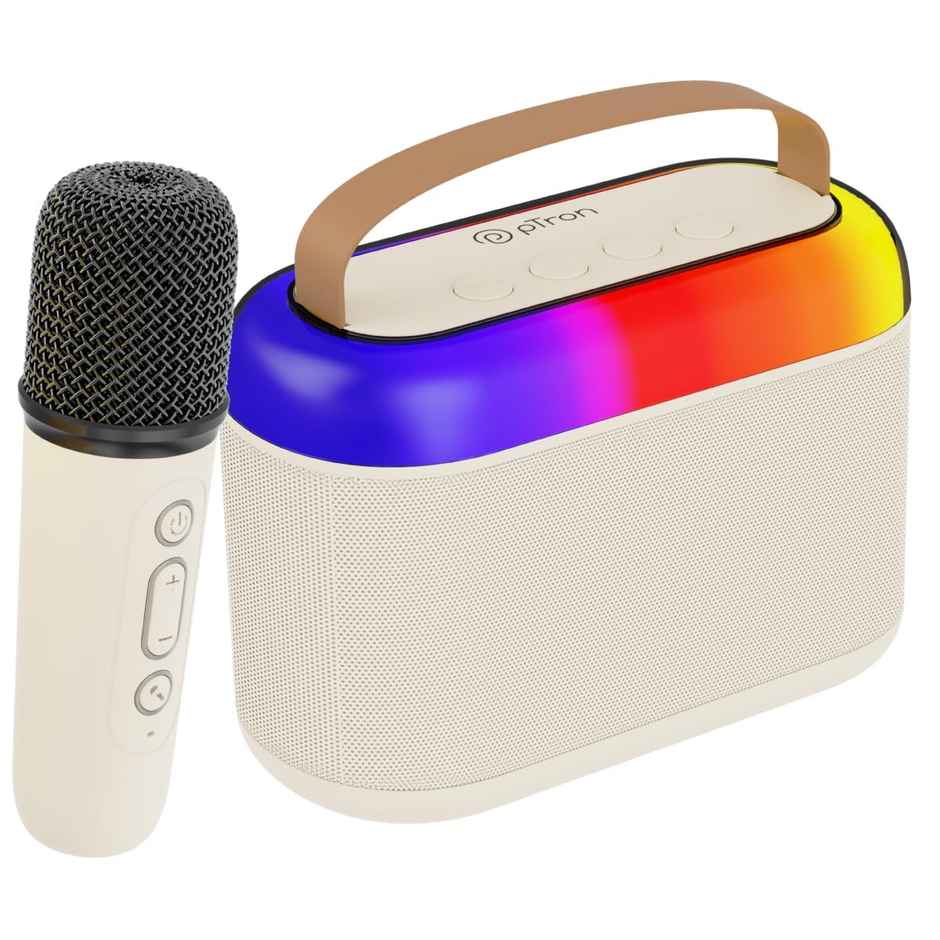 pTron Fusion Joy 20W Bluetooth Speaker with Wireless Karaoke Mic | RGB Lights | 6Hrs Playtime - Cream
