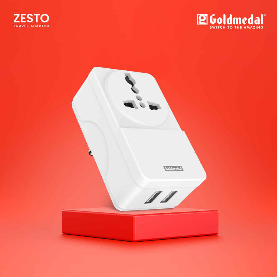 Gold Medal Zesto Travel Adapter with Universal Socket & Dual Port USB- A  | 3-Pin Socket | Multiplug Adapter For Travel, Home & Office