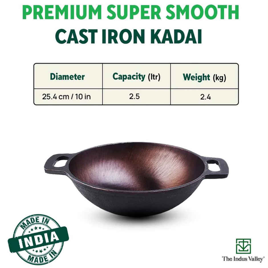 The Indus Valley Super Smooth Cast Iron Kadai | Medium, 25.4cm/10 inch, 2.5Ltr, 2.4kg