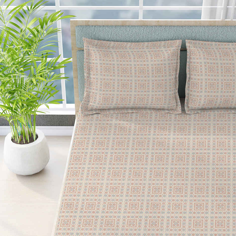 Boutique Living Geo Art (Cottage Garden) 100% Cotton 300 TC King Bedsheet with 2 Pillow Covers