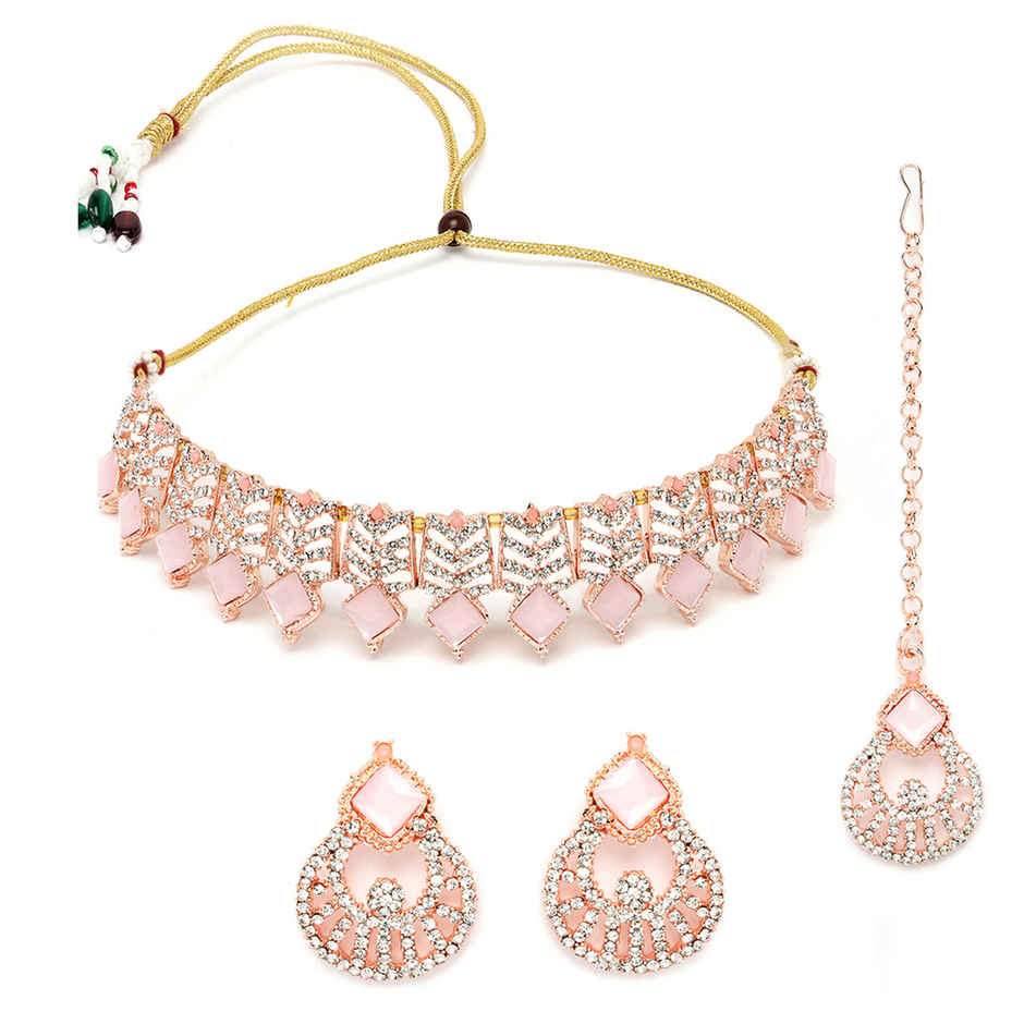 Sukkhi Seaside Gold Plated Pink Kundan & Beads Studded Choker Necklace Set