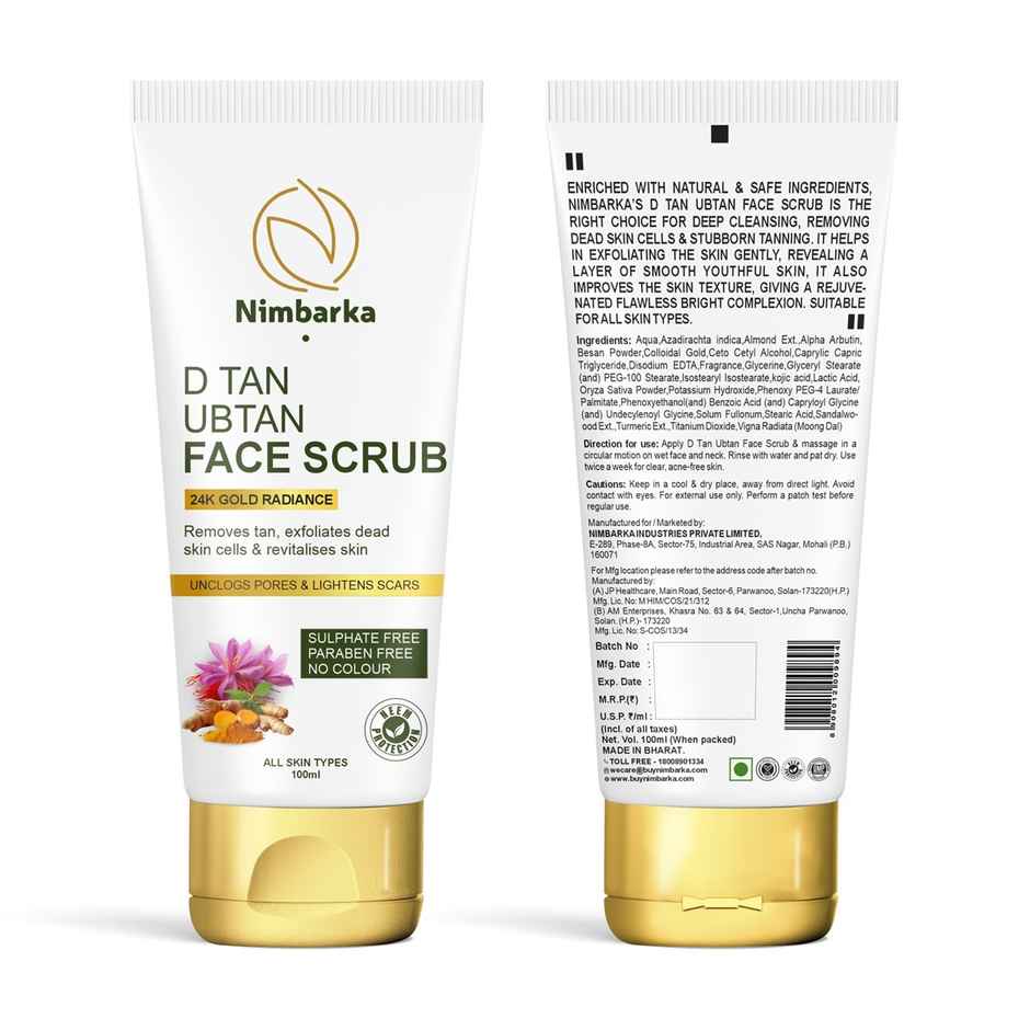 Nimbarka D-Tan Ubtan Face Scrub 24K Gold Radiance - Removes Tan Exfoliates Dead Skin Cells