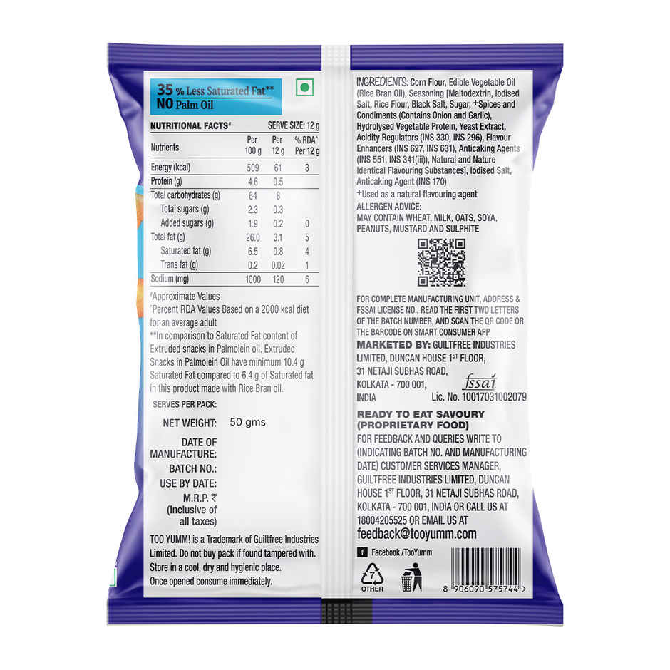Too Yumm Crunchy Chatpata Masala Curly Kraze, 35% Less Saturated Fats, No Palm Oil Healthy Puffs