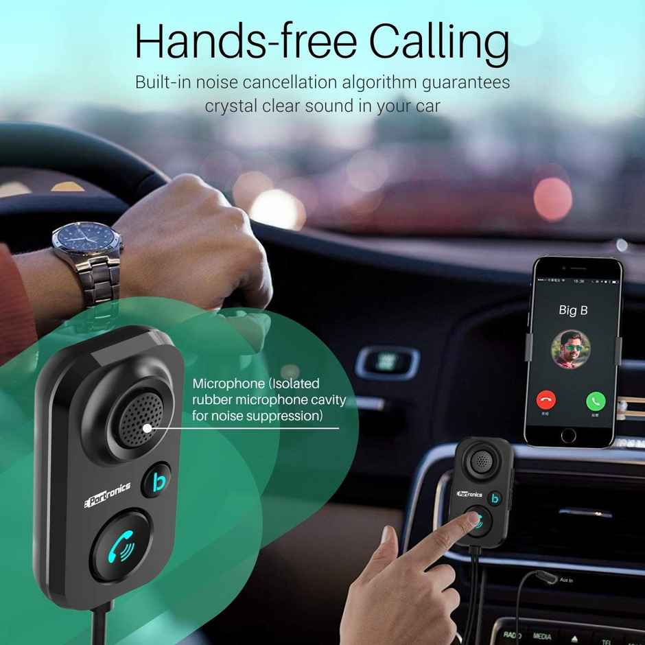 Portronics AUTO 12 in-Car Bluetooth Receiver for Handsfree Calling, Music System, Supports All Smartphones - Black