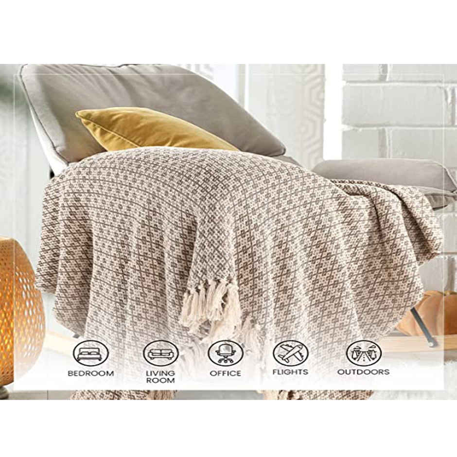 Sashaa World Beige Soft Cotton Throw Blanket For Sofa/ Bed