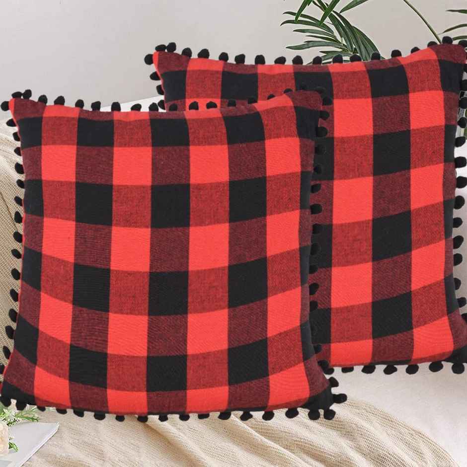Lushomes Cushion Covers - Red-Black Checks | Cotton | 16 x 16 inch | With Pom Pom