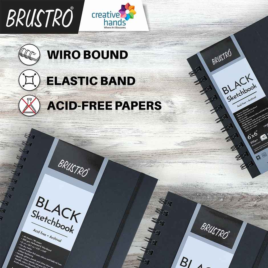 Brustro Black Sketchbook A5 200Gsm | 40 Sheets / 80 Pages | Wiro Bound
