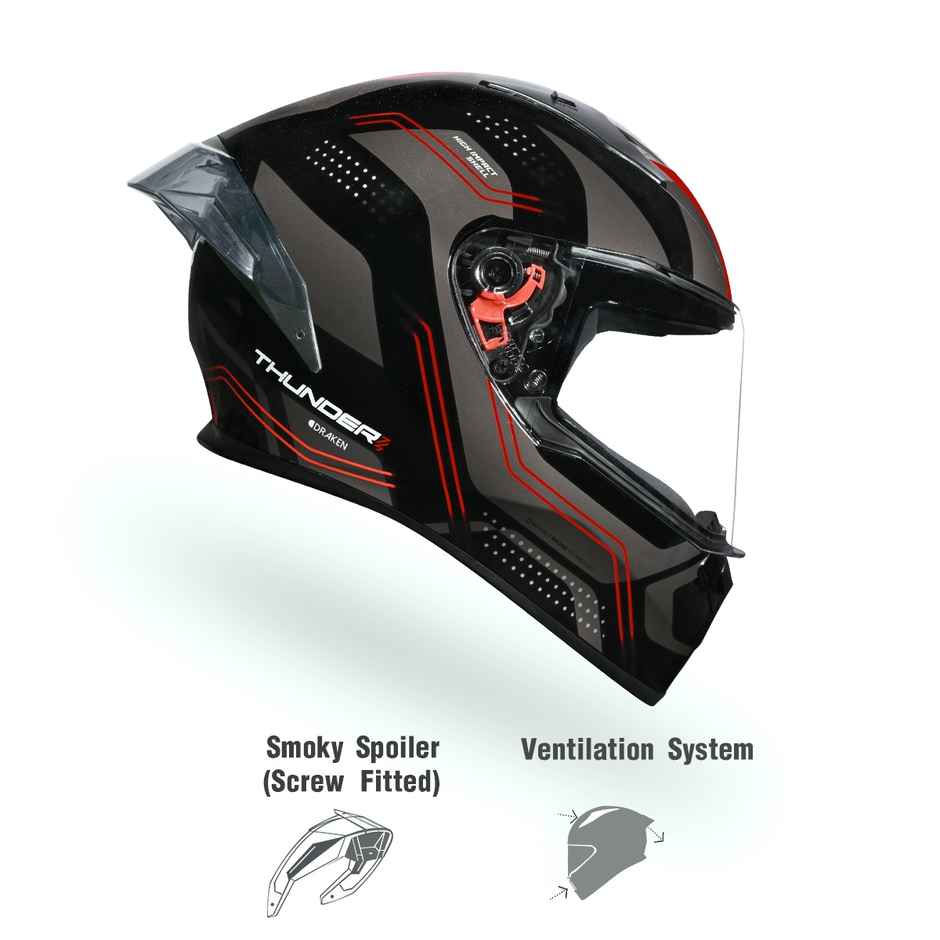Studds Thunder Draken Full Face Helmet with Spoiler | Grey - L