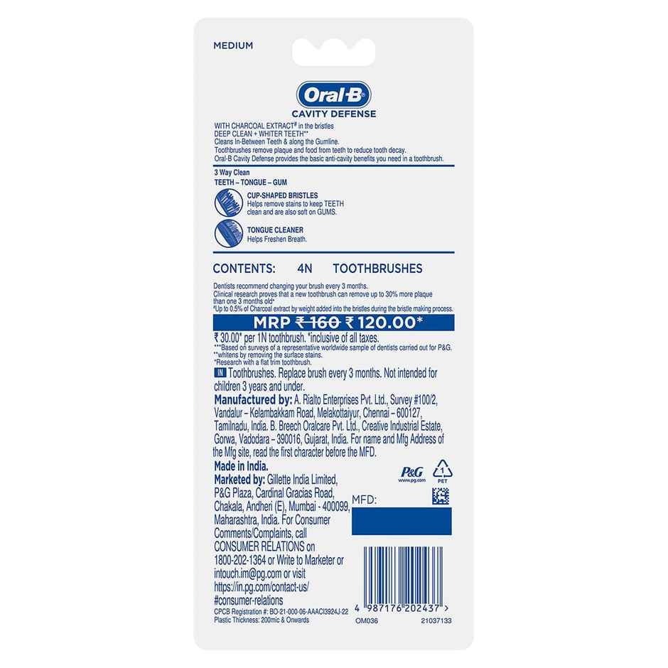 Oral B Cavity Defense Black Manual Toothbrush For Adults With Charcoal Extract- Medium Pack Of 4