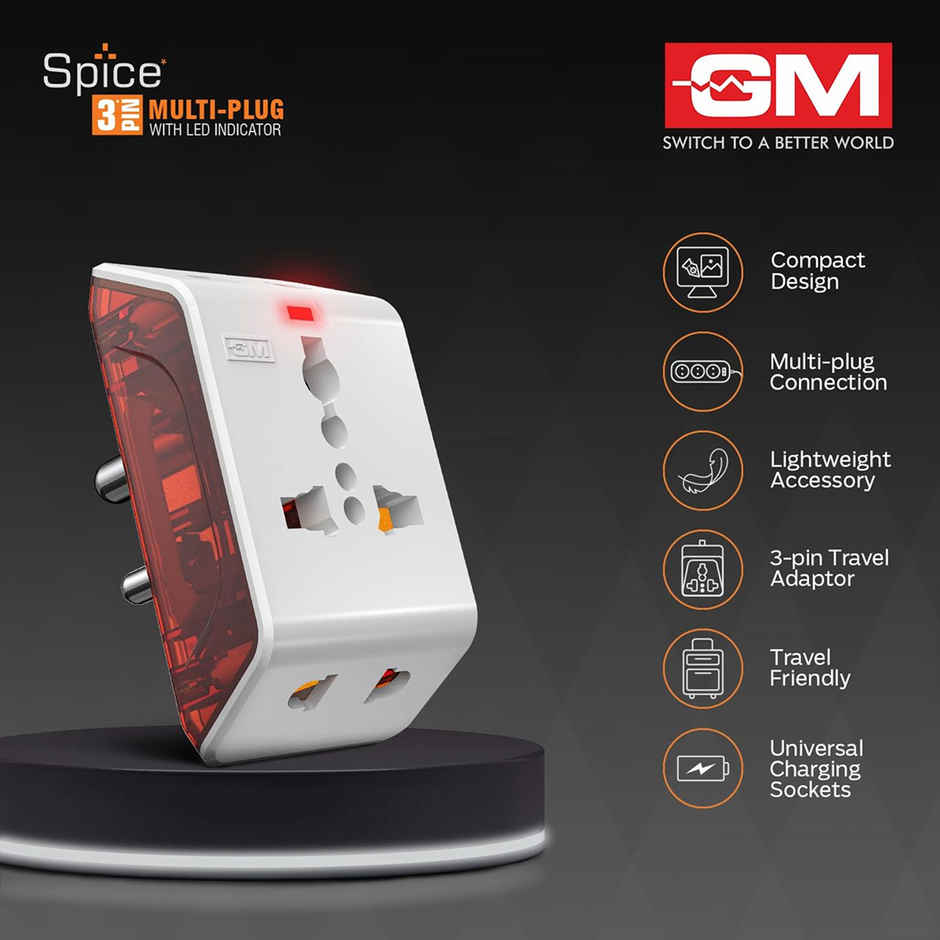 GM 3017 Spice 3 Pin Multi Plug Travel Adaptors White and Red