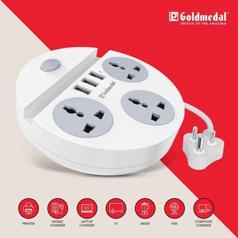 Gold Medal Zippo 1.5-Meter Extension Cord | 3 USB Charging Ports & Mobile Holder | Master Switch with Indicator | 3 Universal Sockets | Compatible with All Devices