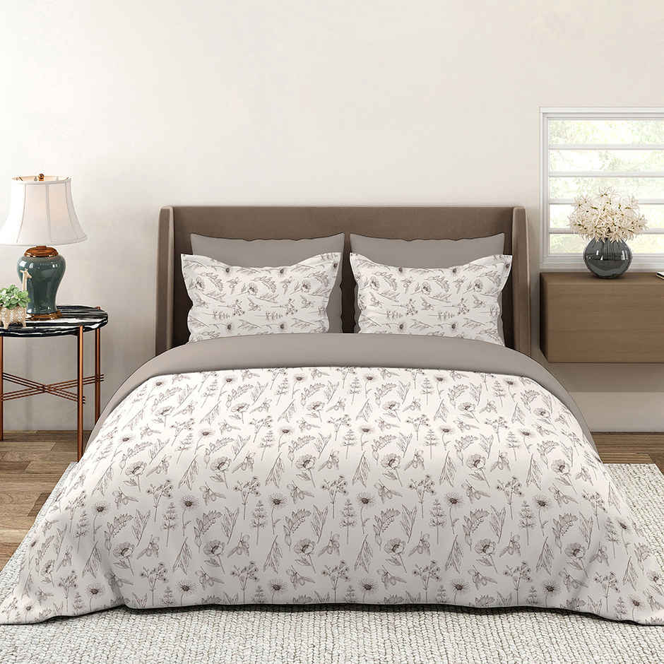 Layers Lumina Floret 100% Cotton 144 TC Grey & White King Bedsheet with 2 Pillow Covers