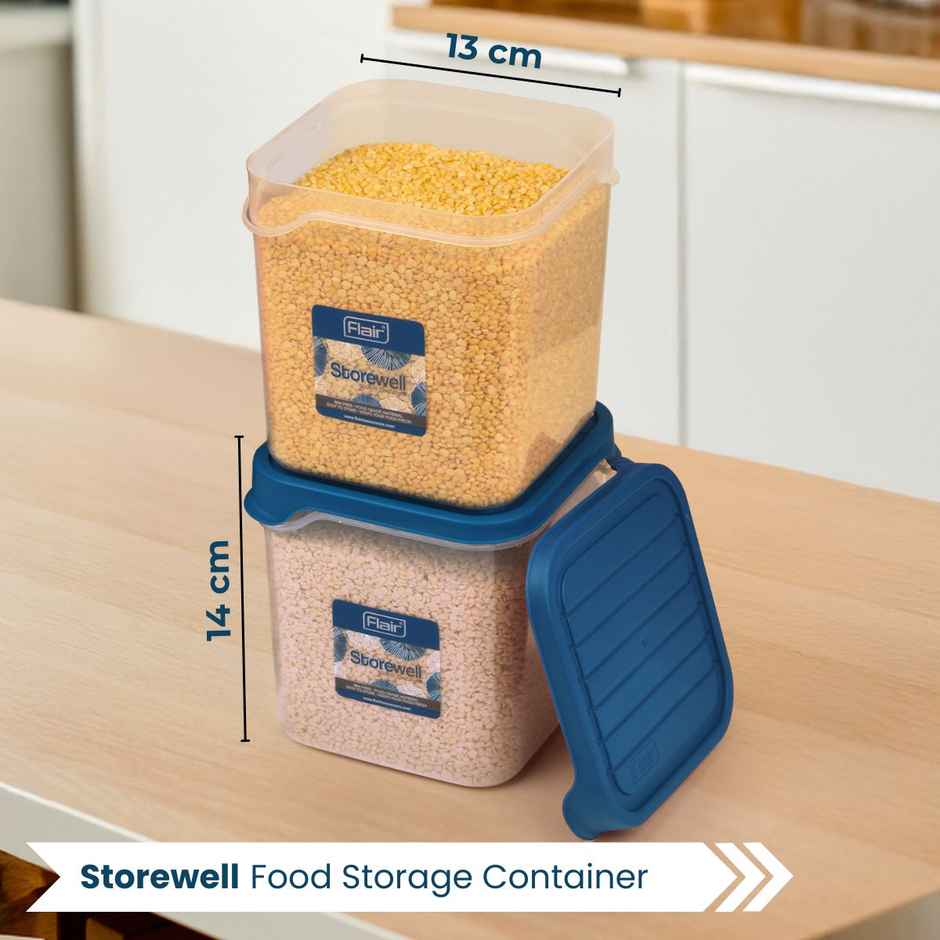 Flair Plastic Storewell Square Food Storage Containers 1800Ml - Set Of 2 (Blue)