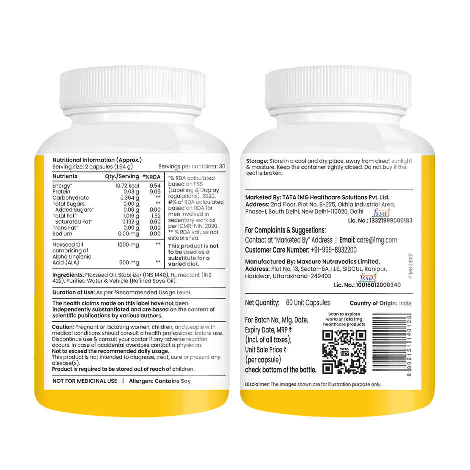 Tata 1mg Flaxseed Oil | 1000 mg Veg Capsules | Omega 3 6 9 Fatty Acid | Supports Heart Health