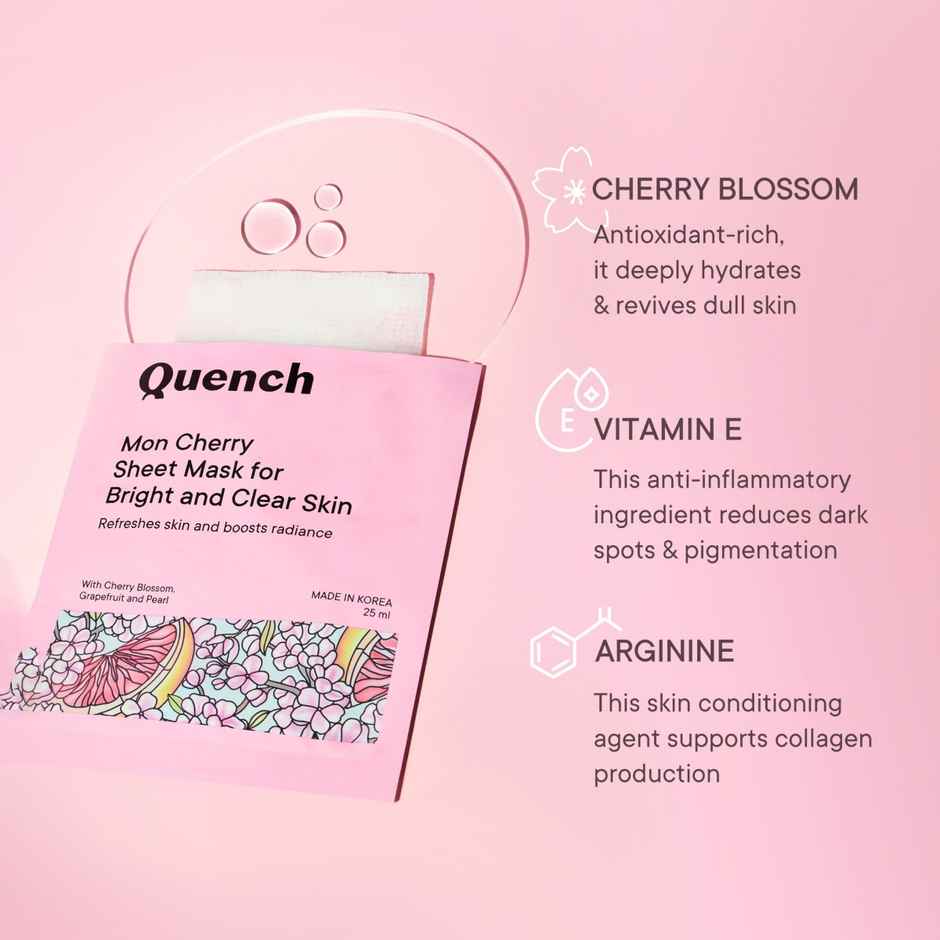 Quench Korean Face Sheet Mask for Brightening with Cherry Blossom Vitamin E & Pearl Extracts Combo