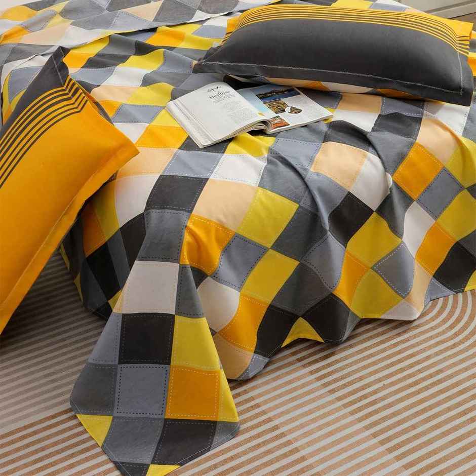 Story@home Double 144 TC Cotton Flat Geometric Bedsheet | Grey | 98 x 89 in