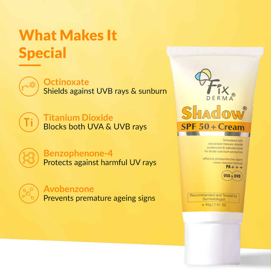Fixderma Shadow Sunscreen SPF 50+ PA+++ Cream for Dry Skin, Light Weight & No White Cast
