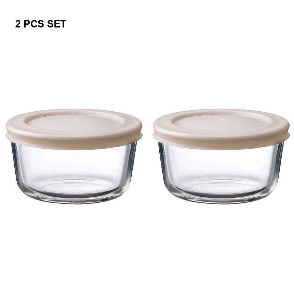 BAY6 Premium Imported Borosilicate Glass Container with Lid -236 ml - Round - Set of 2 - Beige