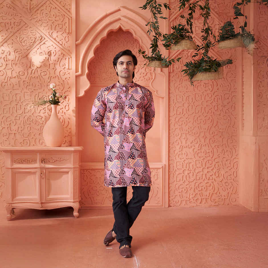 House Of Festivals Men's Printed Cotton Blend Long Kurta | Multicolor - XL
