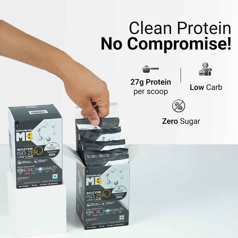MuscleBlaze Biozyme Iso Zero Whey Protein Isolate Ice Cream Chocolate 5 Sachet Travel Pack