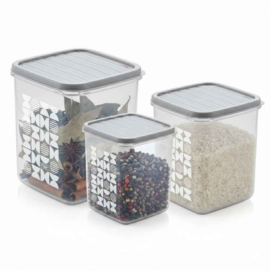 FLAIR Plastic Storewell Square Containers Set | Grey - 2 L , 3L & 4 L