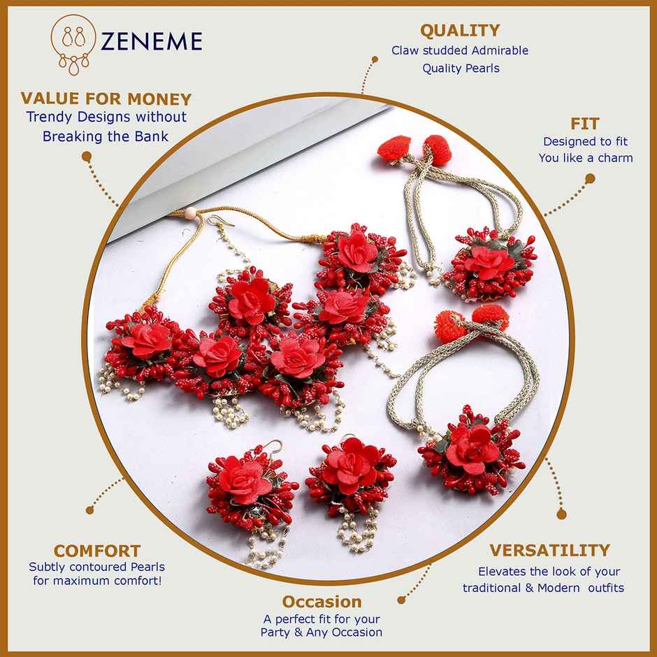 Zeneme Yellow & White Pearl Gota Patti Flower Jewellery Set For Women & Girls