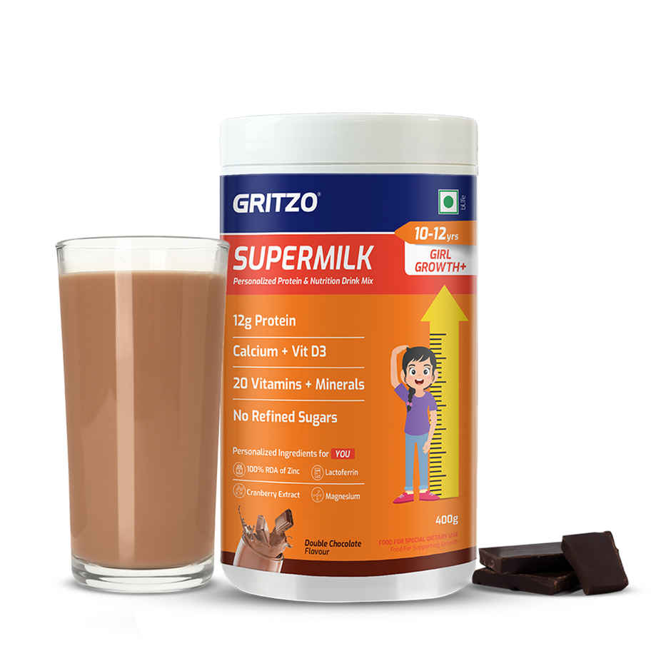 Gritzo Super Milk Growth+ | 10-12y Girls | 12g Protein Powder | Double Chocolate