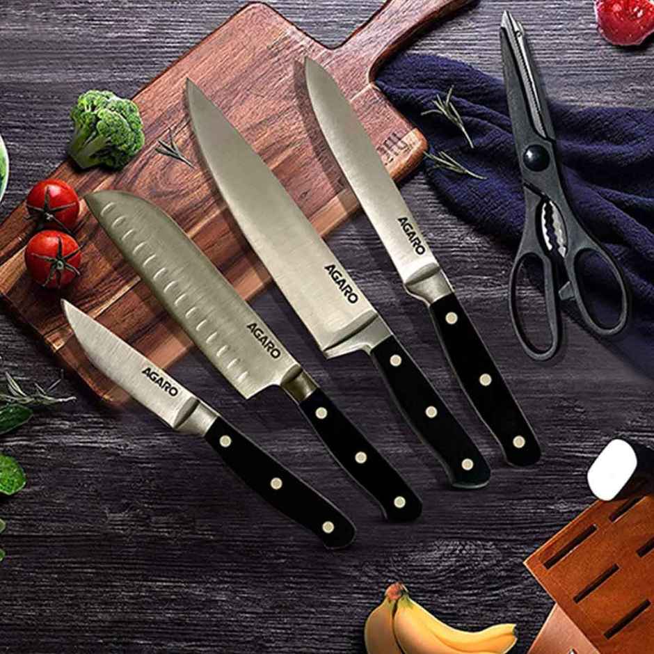 Agaro Galaxy 6x1 Stainless Steel Knife and Scissor set with Wooden Block (Steel)