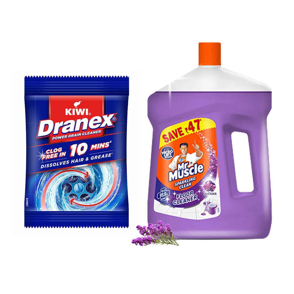Mr. Muscle Kiwi Dranex Drain Cleaner Powder | Removes Clogs, Blockages In Just 30 Minutes (50g) & Mr. Muscle Lavender Floor Cleaner (2L) Combo
