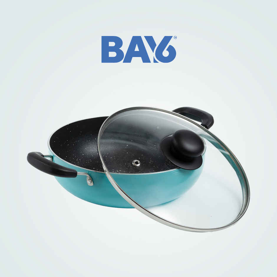 BAY6 Nonstick Kadai | 24 cm | Glass Lid | Teal | Induction Compatible