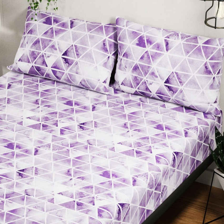 Bianca 100% Pure Cotton Double Bedsheet With 2 Pillow Covers 3pc set | Platinum Geometric - Lilac