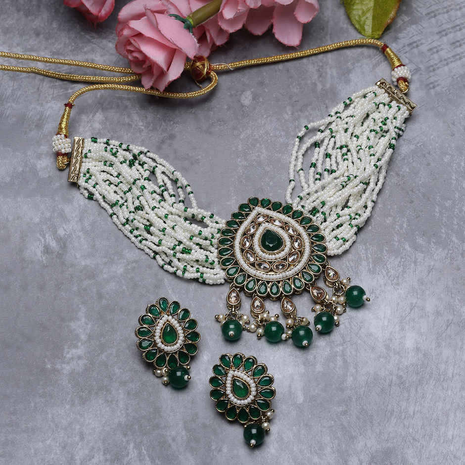 Sukkhi Amazing Gold Plated Green Kundan & Beads Studded Multistrand Choker Necklace Set