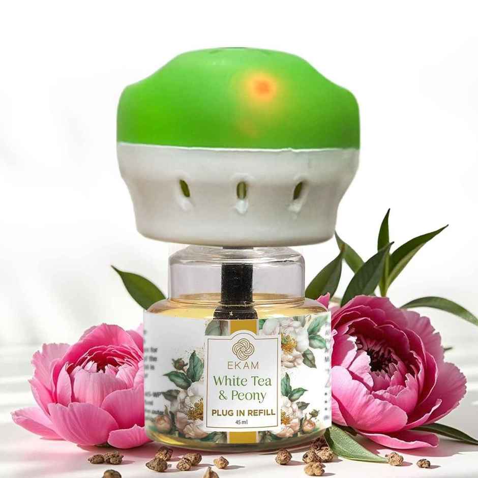 Ekam White Tea & Peony Scented Plug In Air Freshener Kit | 1 x Machine + 1 x Refill Bottle