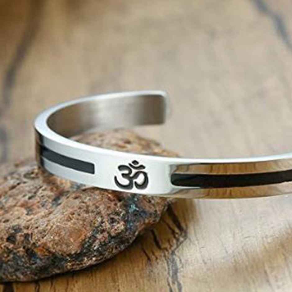 Peora Stainless Steel Buddha Namaste Ohm Om Aum Sanskrit Symbol Cuff Bracelet Kada For Mens