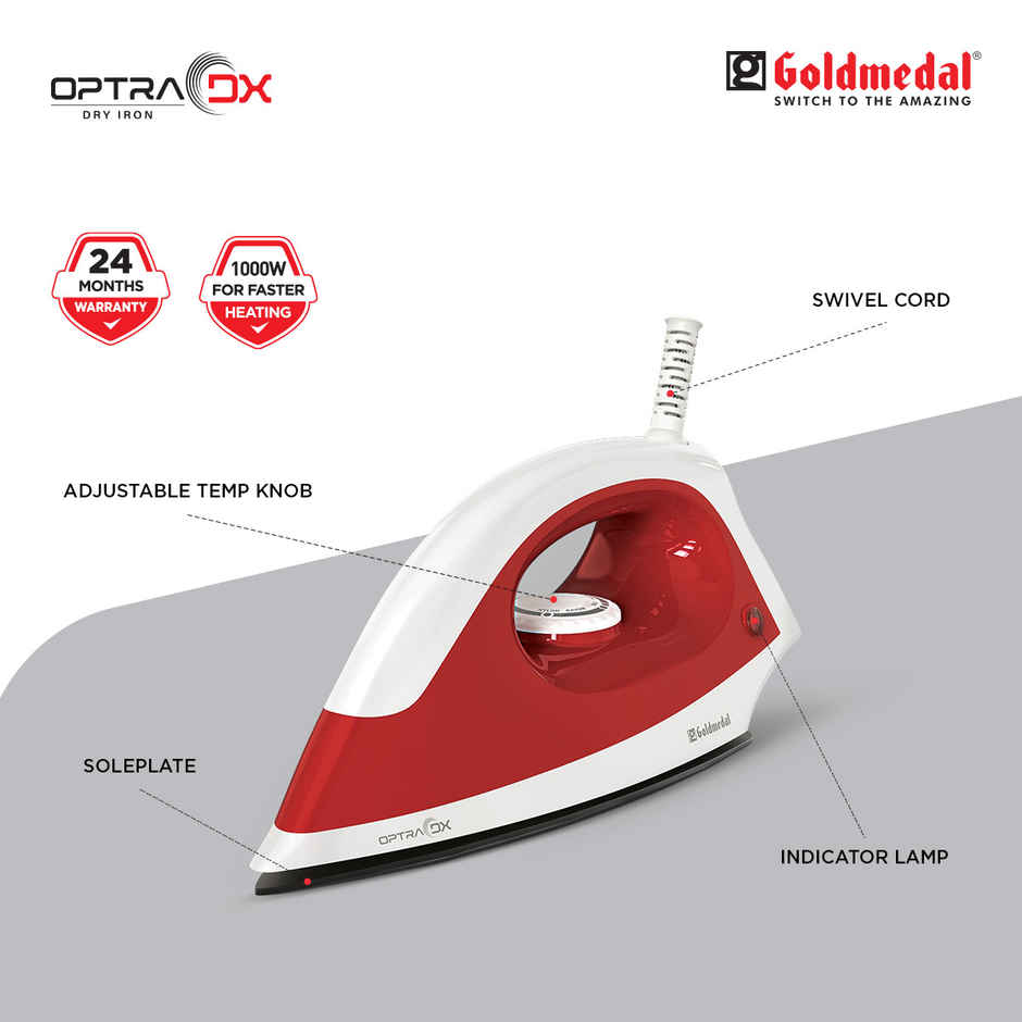 Goldmedal Optra DX 1000W Dry Iron, Non stick Weilburger Premium Coated Soleplate | Red & White