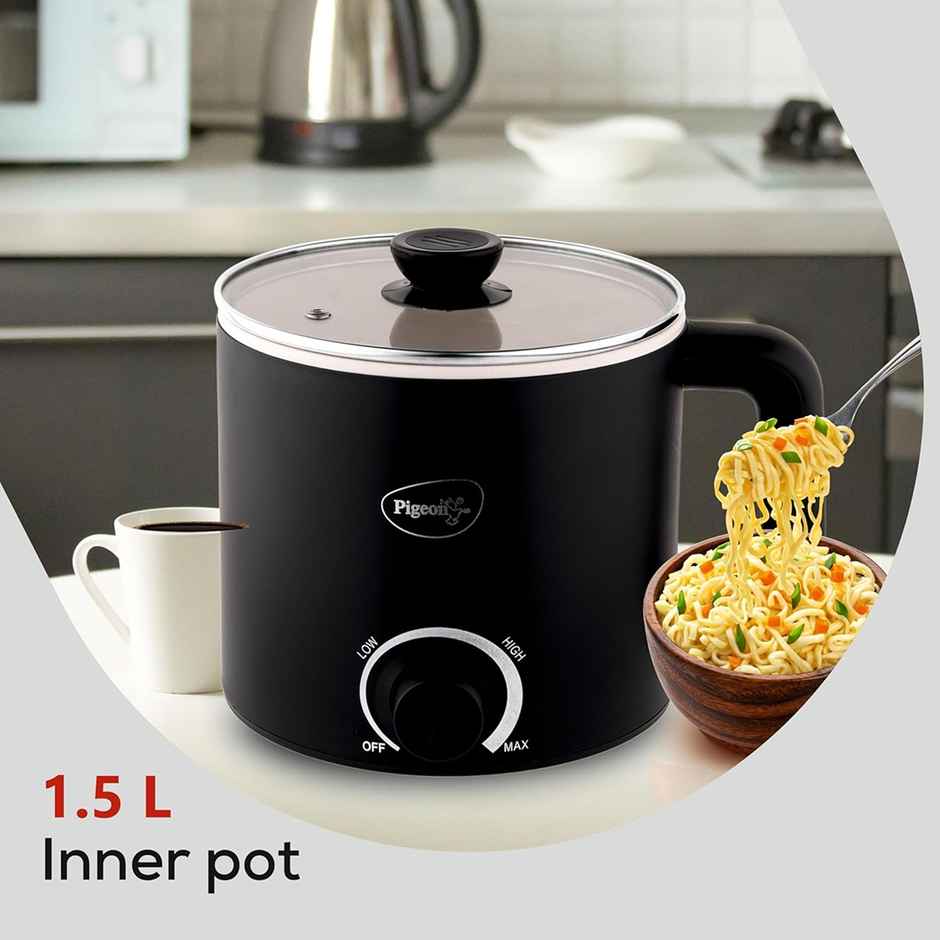 Pigeon Swift Multi-Cook Kettle 1.5L, Egg Rack - Black | Double Layered | Food Grade Stainless Steel Inner wall | Glass Lid | Auto Shut-off