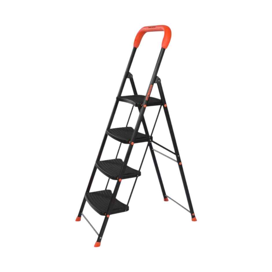 Bathla 4-Step Steel Ladder | Safety Hand Grip, Wide Anti-Slip Steps | Ascend | Orange & Black